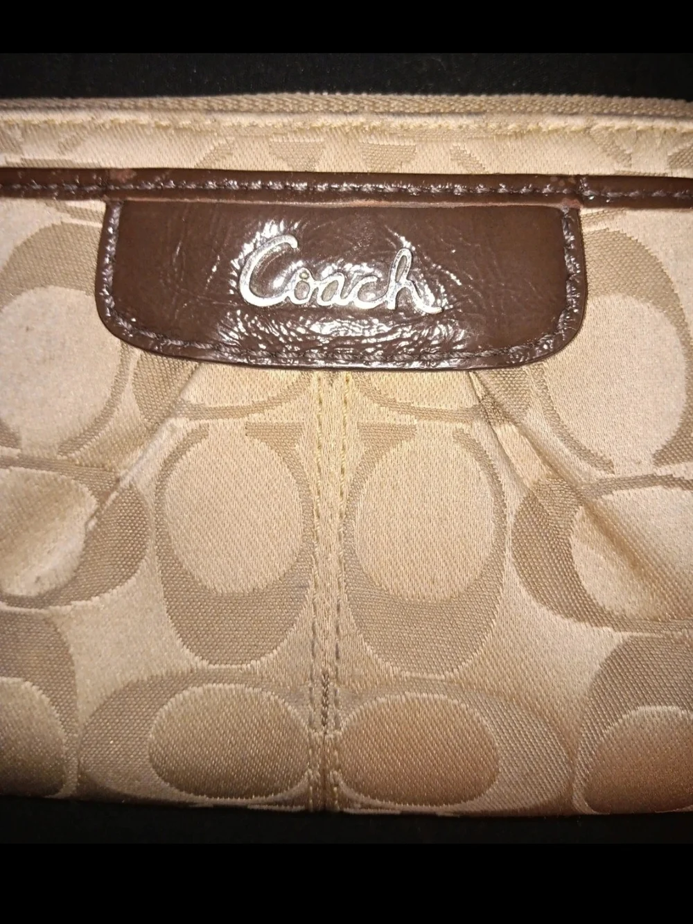 Coach Tan Signature Canvas Wristlet with Brown Leather Trim